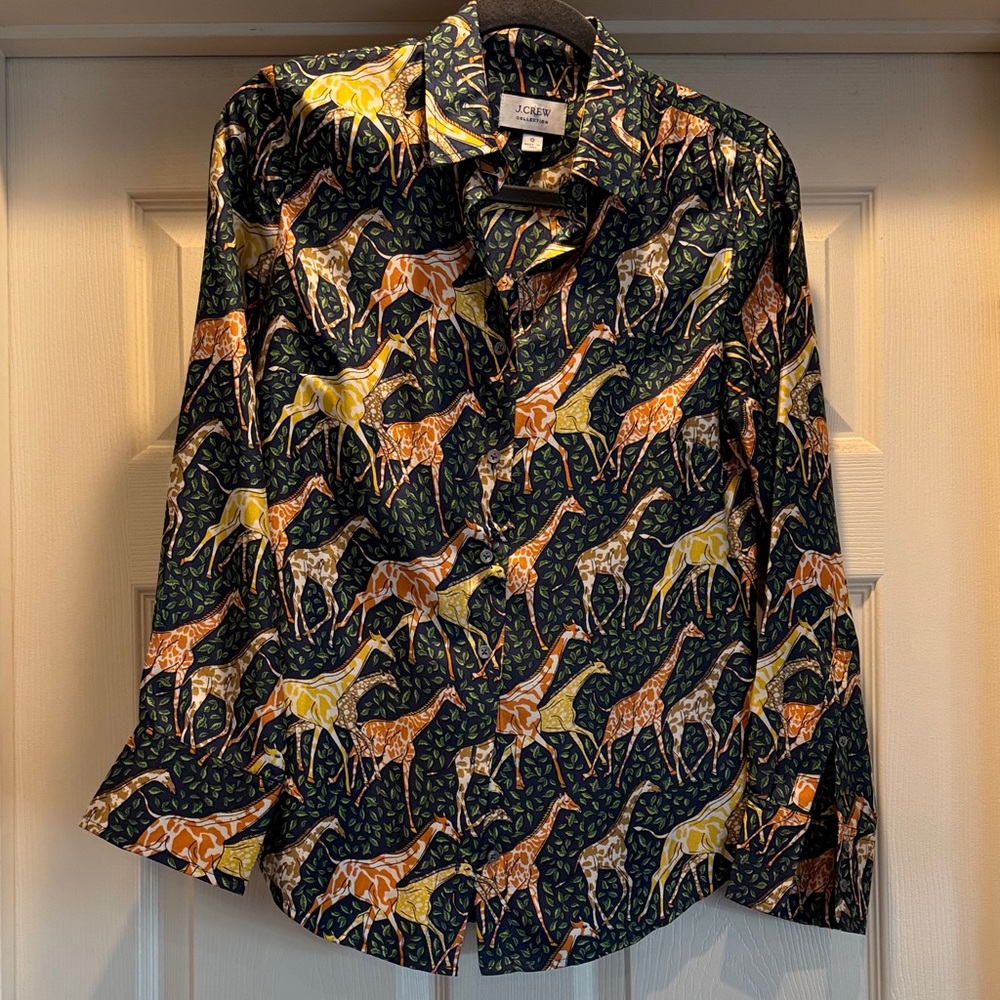 100% Silk - COLLECTION Colorful Giraffe Print Button-Up Shirt